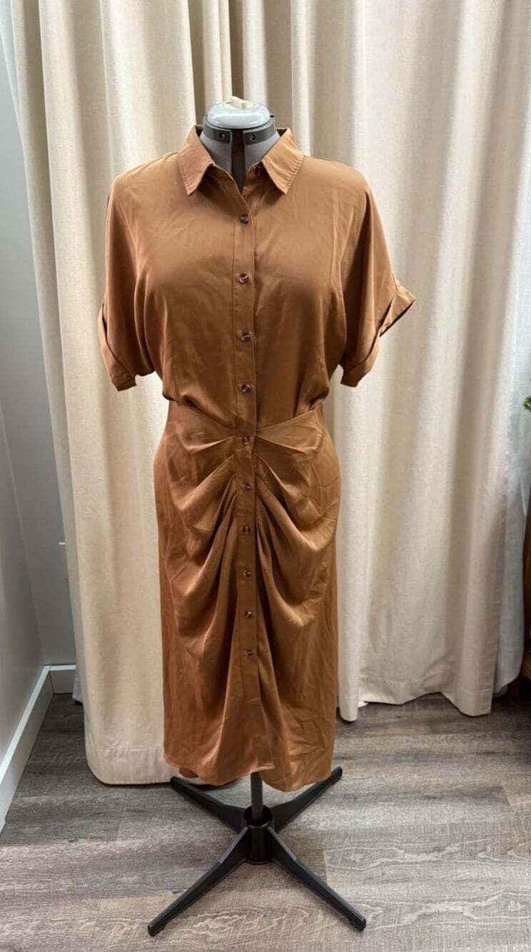 NWT Nordstrom “BTFBM” Tori Tie Waist Satin Midi Flattering Dress In Tan - XL